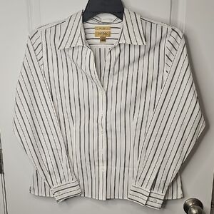 Gold Label Investments Women's White and Black Striped Button-Down Shirt Size12P